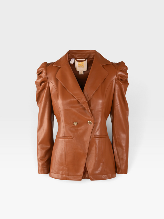 TheConsignmentBar EMILY MCCARTHY luggage brown vegan leather blazer with puff sleeves and double-breasted gold buttons.