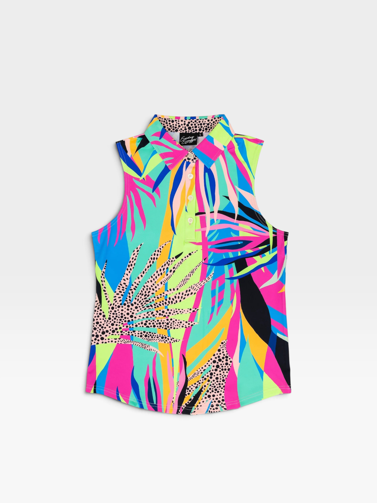 TheConsignmentBar Sunday Swagger sleeveless polo tank with a vibrant multi-colored tropical leaf and leopard print.
