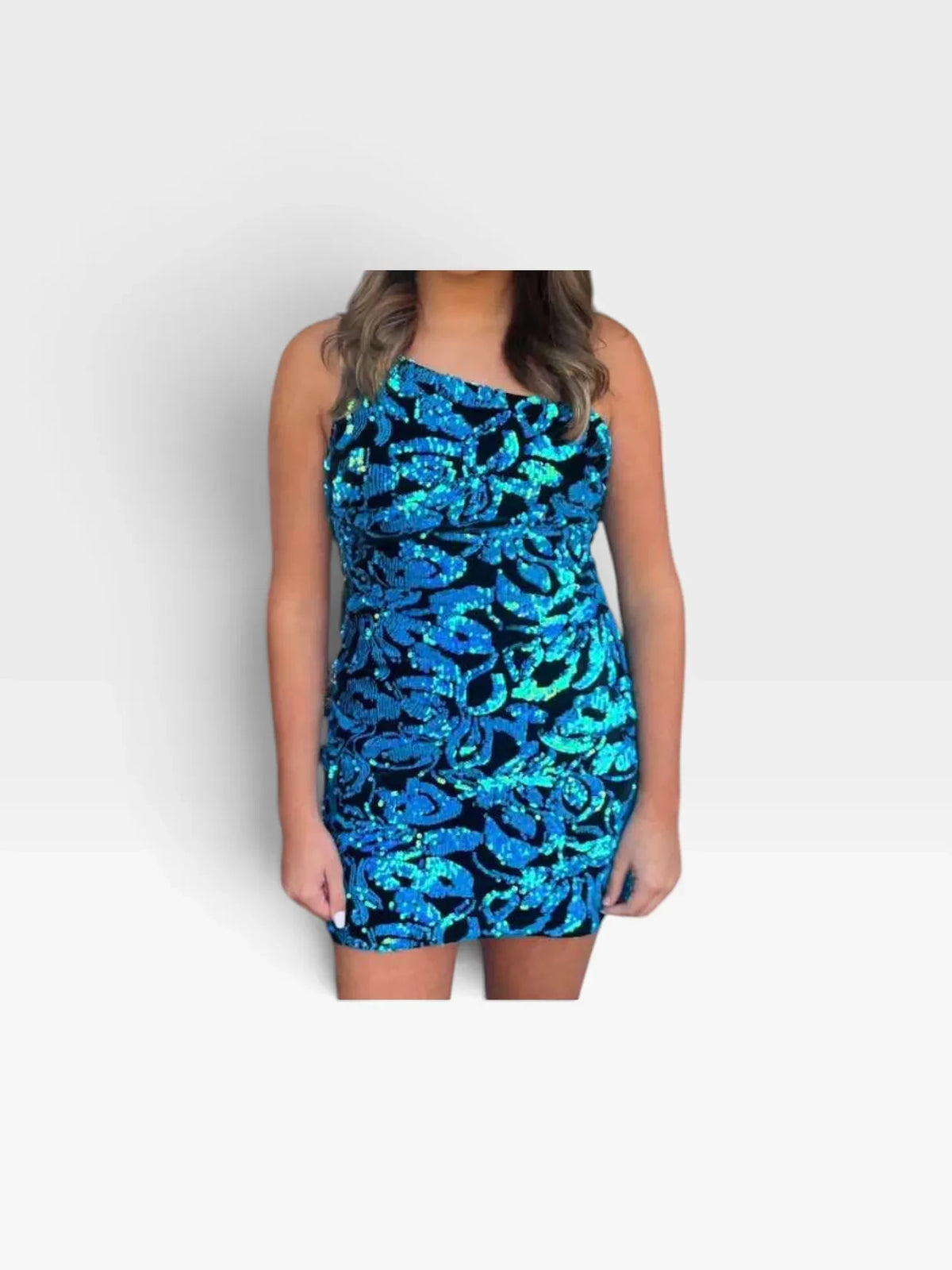 TheConsignmentBar Blondie Nites short dress featuring a black and blue sequin floral pattern with a one-shoulder cut.