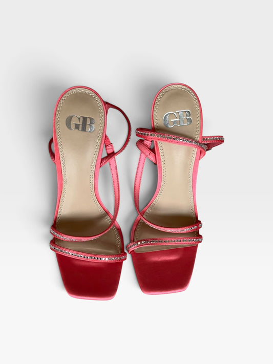 TheConsignmentBar GB pink satin square-toe heels with rhinestone-embellished straps and ankle buckle closure