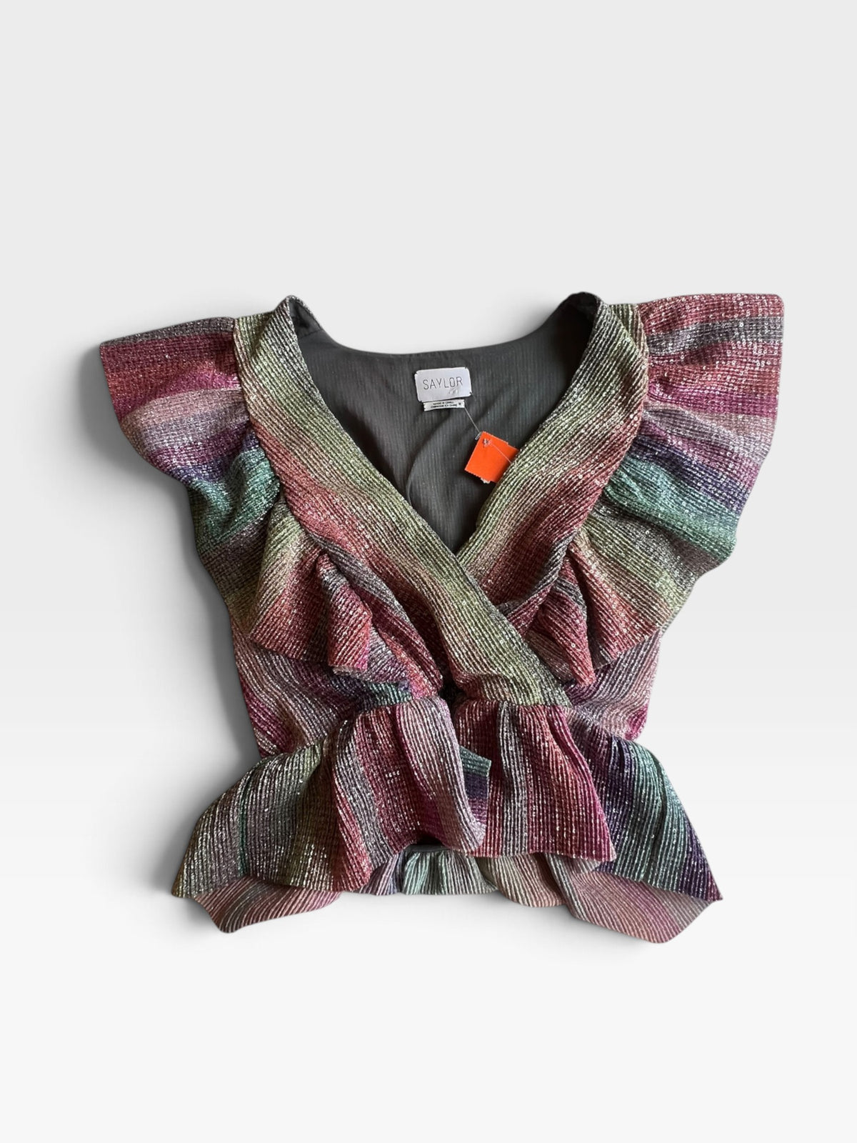 TheConsignmentBar SAYLOR rainbow metallic wrap top with ruffled cap sleeves and a deep V-neckline.