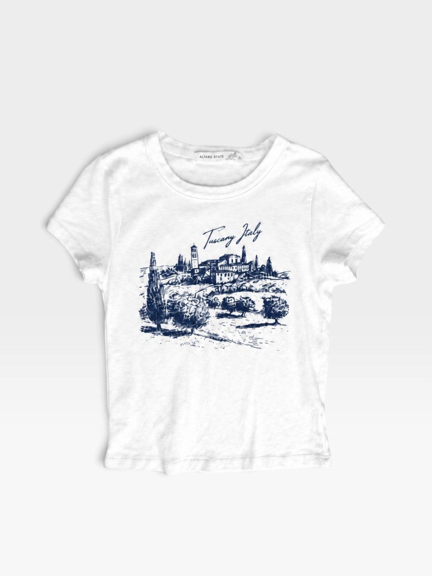 TheConsignmentBar white Altard state t-shirt featuring a blue ink sketch of a Tuscany Italy landscape