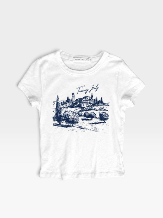 TheConsignmentBar white Altard state t-shirt featuring a blue ink sketch of a Tuscany Italy landscape
