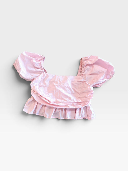 TheConsignmentBar altrd state pink puff sleeve peplum top with a square neckline and gathered bodice details.