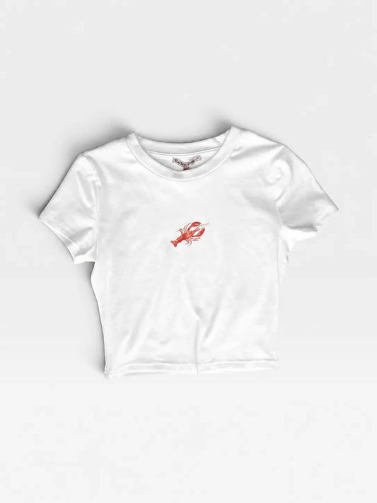 TheConsignmentBar white Bailey Rose crop t-shirt featuring a small red crawfish graphic on the chest