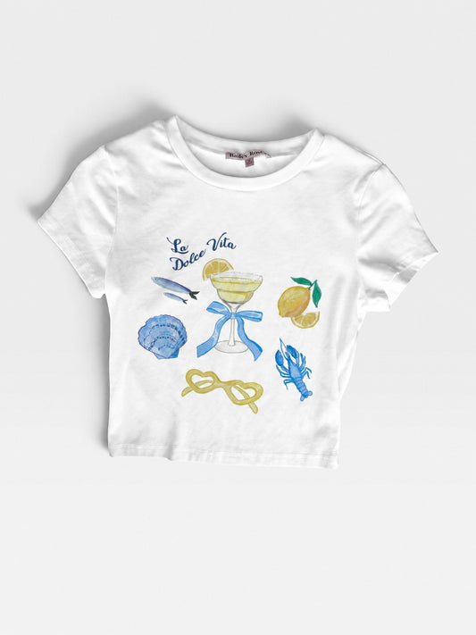 TheConsignmentBar Bailey Rose white cotton crop t-shirt with La Dolce Vita lemon and seafood graphic print
