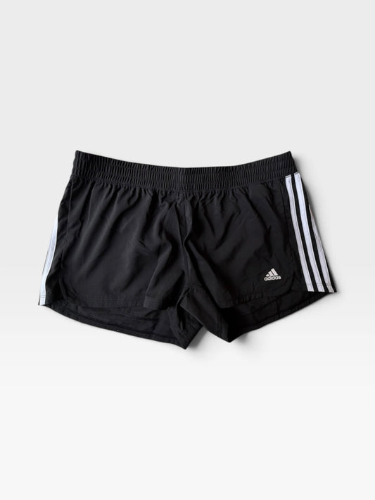 TheConsignmentBar black Adidas athletic shorts with white three-stripe side detailing and elastic waistband