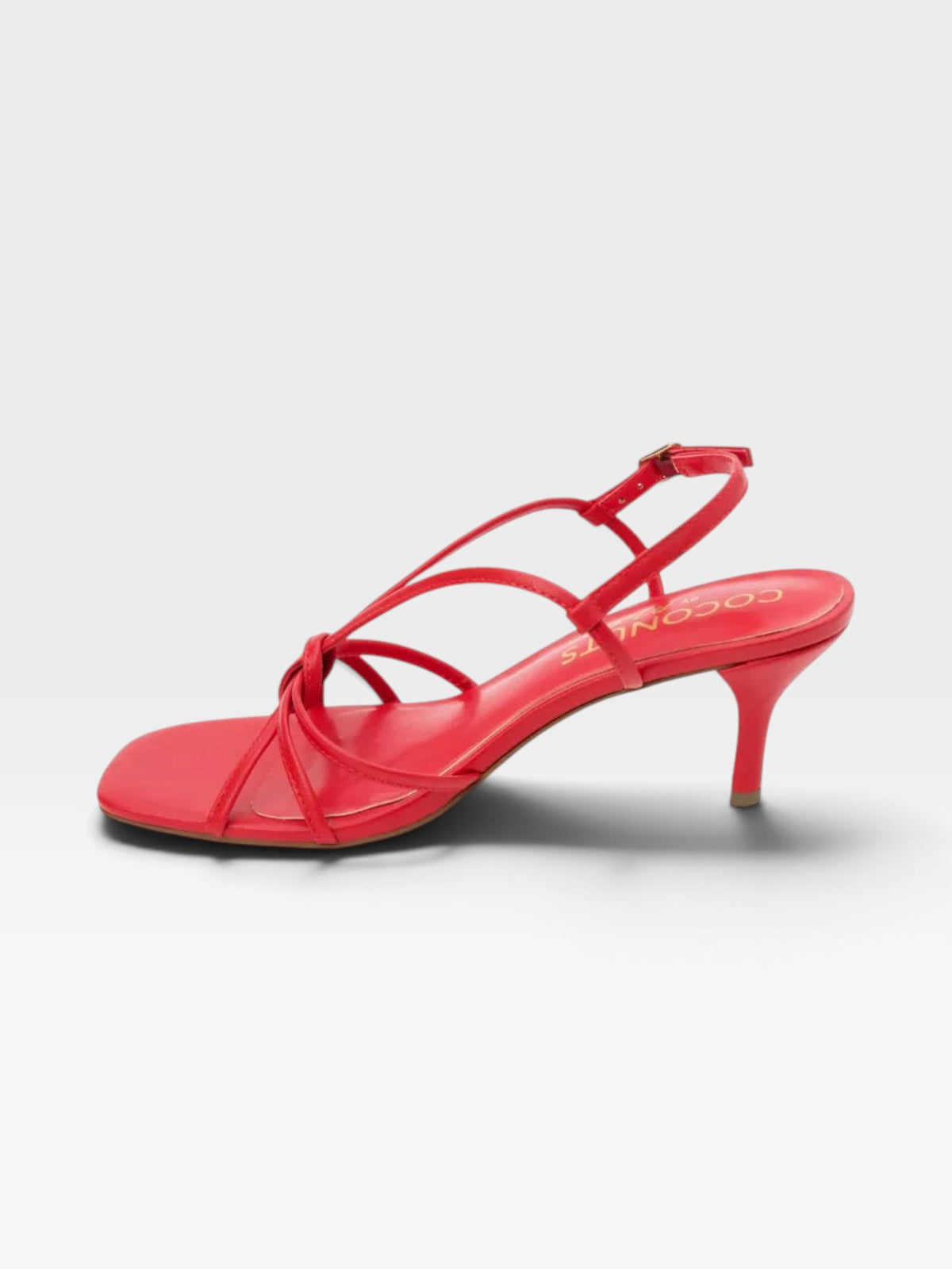 TheConsignmentBar Coconuts by Matisse red strappy kitten heel sandals with a square toe and adjustable ankle strap.