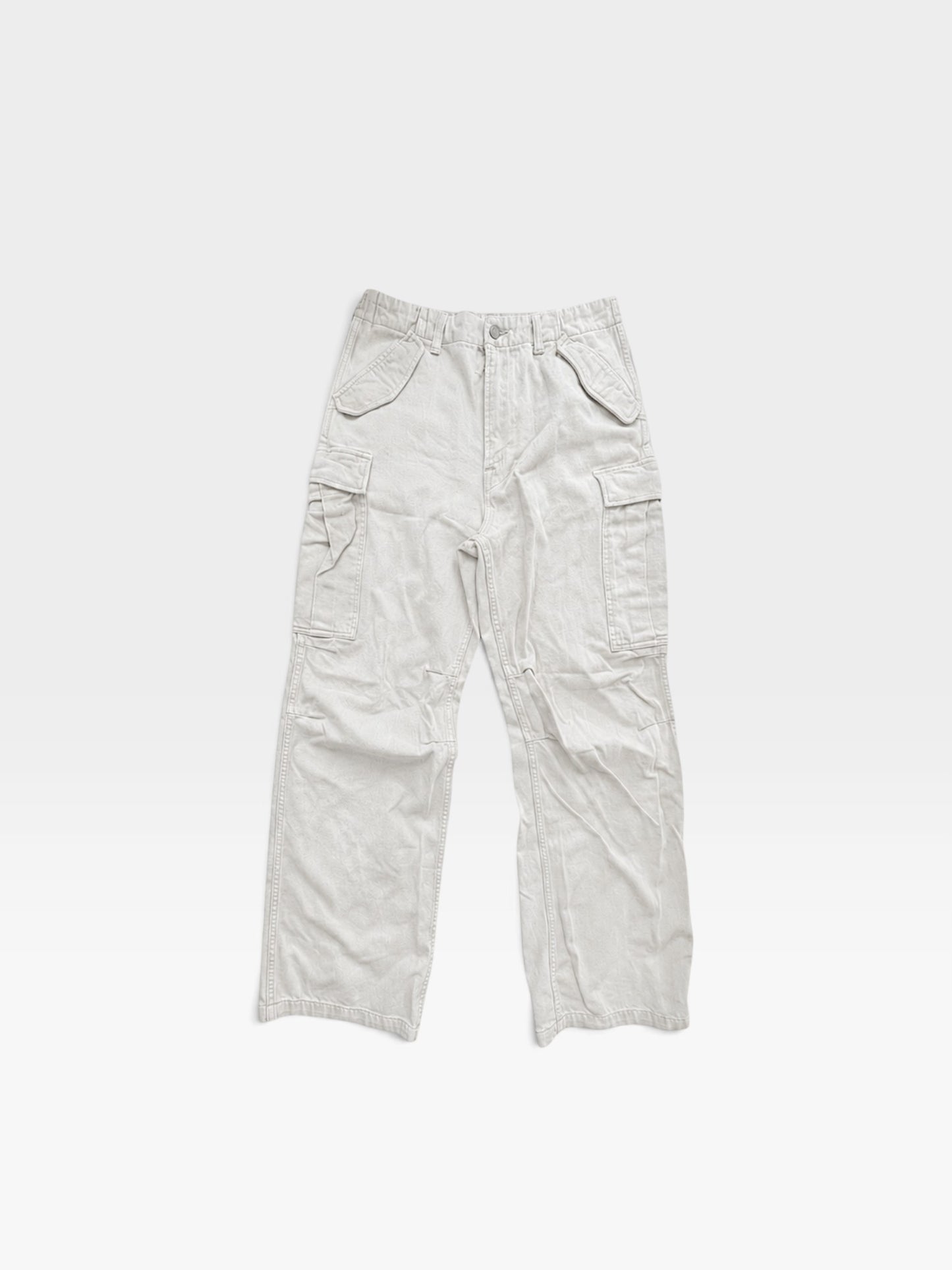 TheConsignmentBar Denimist wide leg cargo pants in tan denim with side utility pockets and a relaxed fit