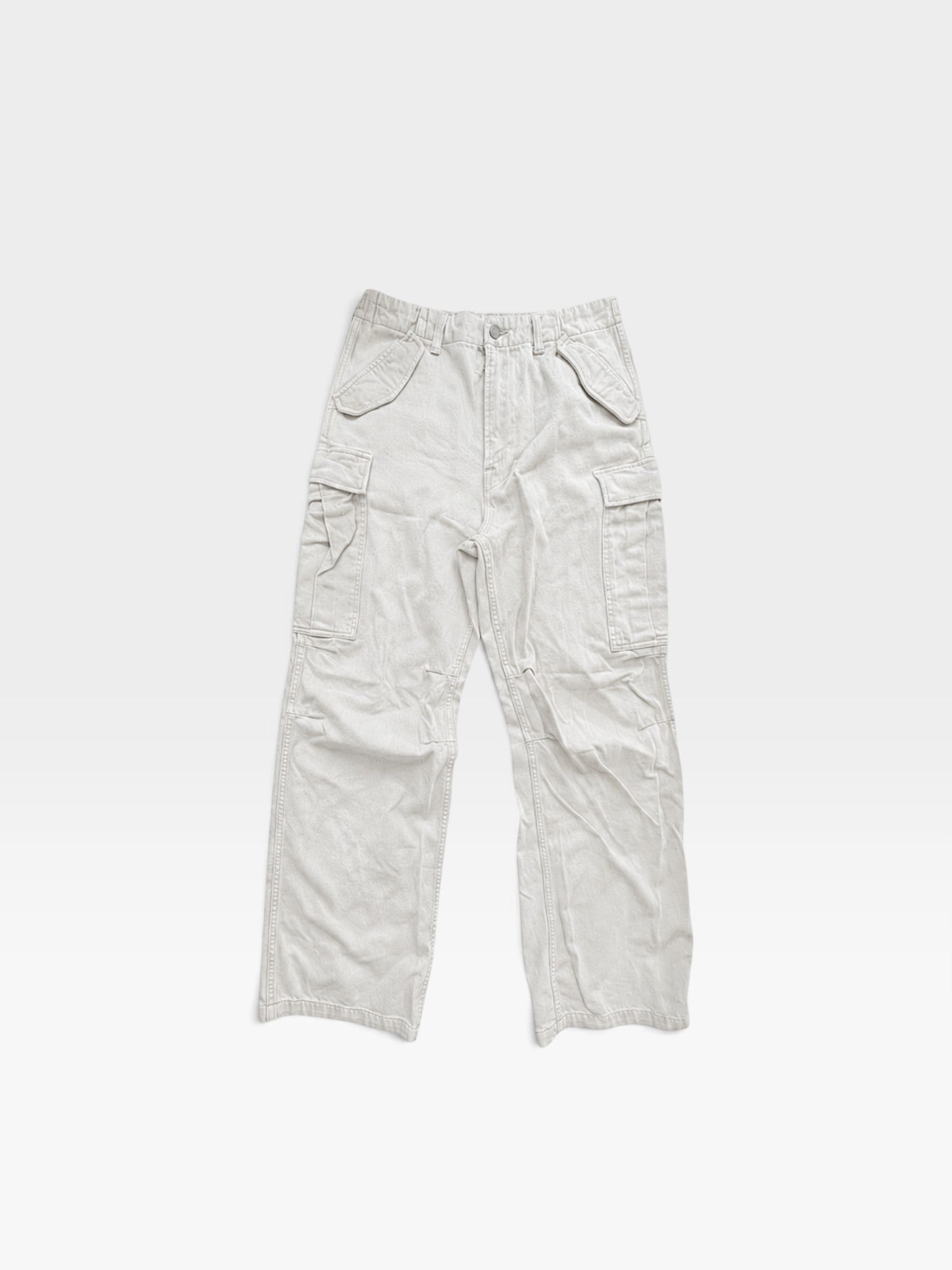 TheConsignmentBar Denimist wide leg cargo pants in tan denim with side utility pockets and a relaxed fit