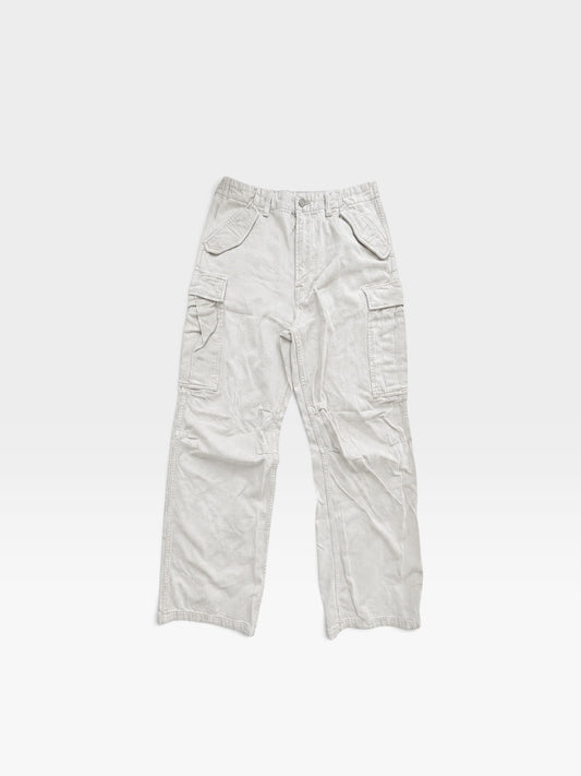 TheConsignmentBar Denimist wide leg cargo pants in tan denim with side utility pockets and a relaxed fit