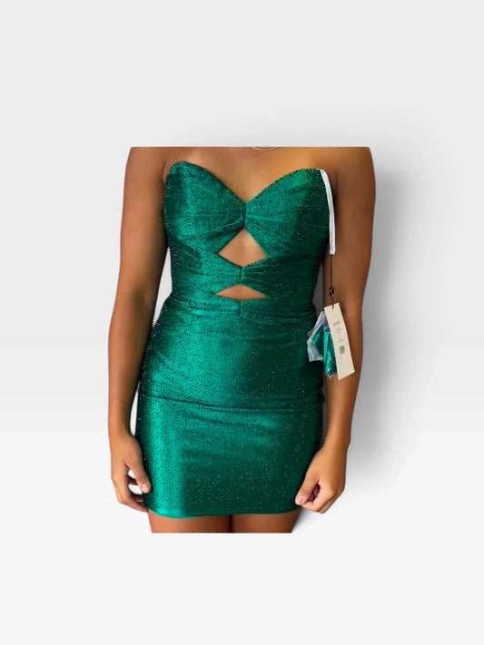 TheConsignmentBar emerald green Sherri Hill strapless mini dress with beaded detailing and front cutouts