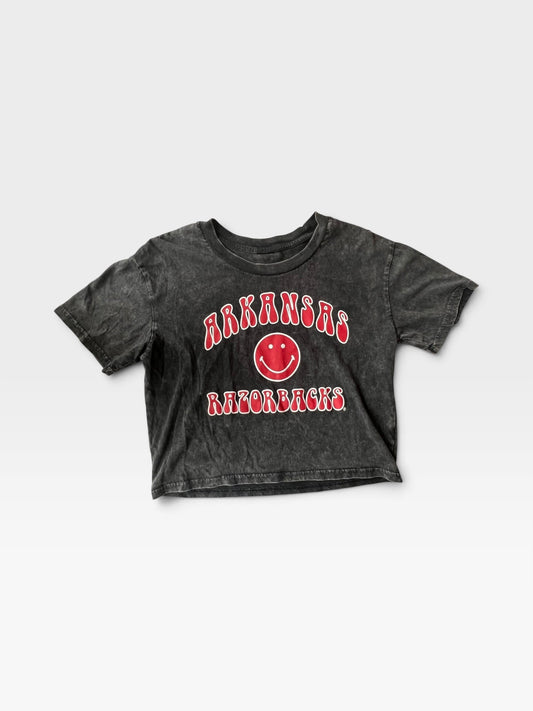 TheConsignmentBar grey acid-wash Razorback cropped t-shirt with red Arkansas smiley face graphic print