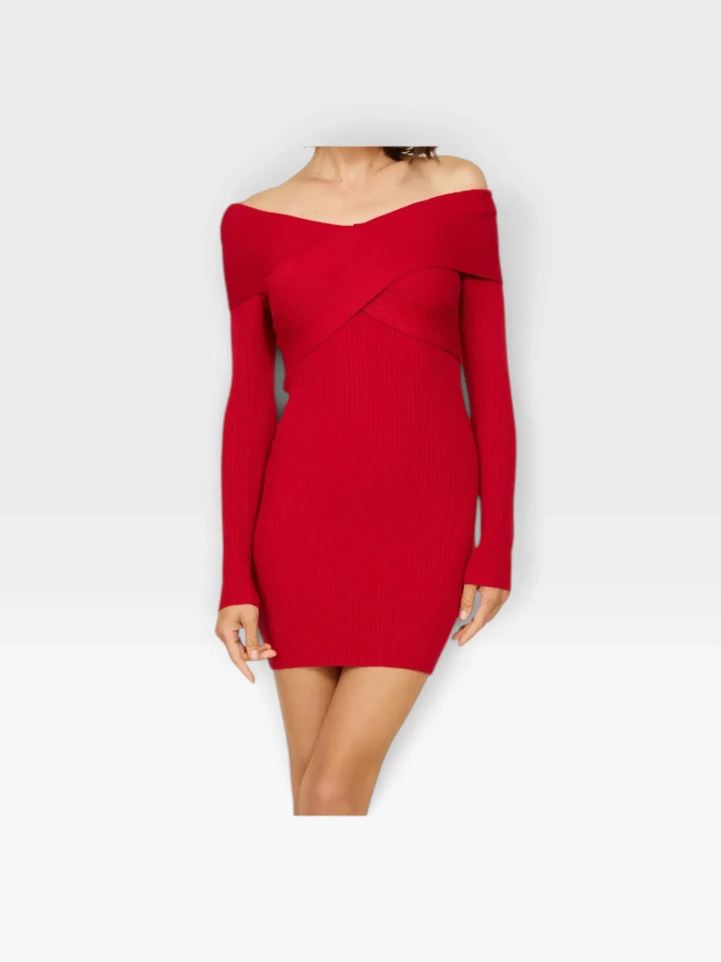 TheConsignmentBar LINEANDDOT red off-the-shoulder long-sleeve ribbed knit mini dress