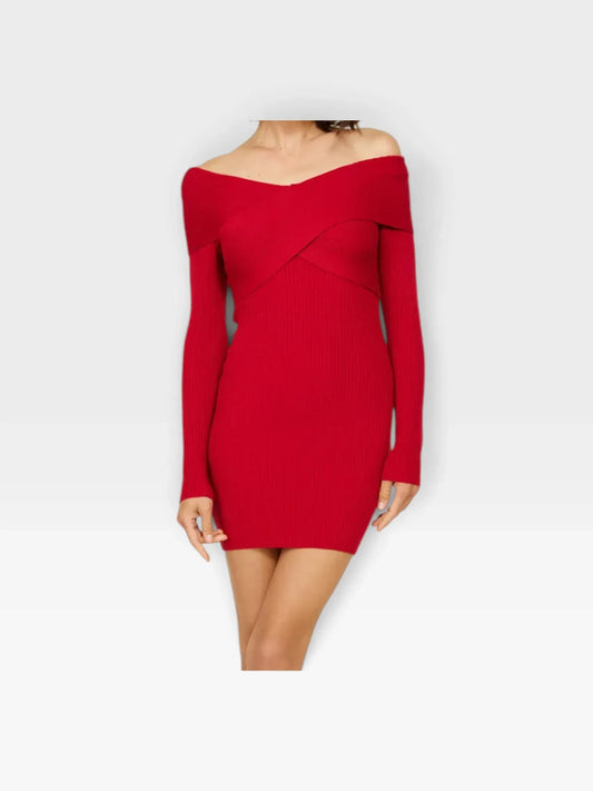 TheConsignmentBar LINEANDDOT red off-the-shoulder long-sleeve ribbed knit mini dress
