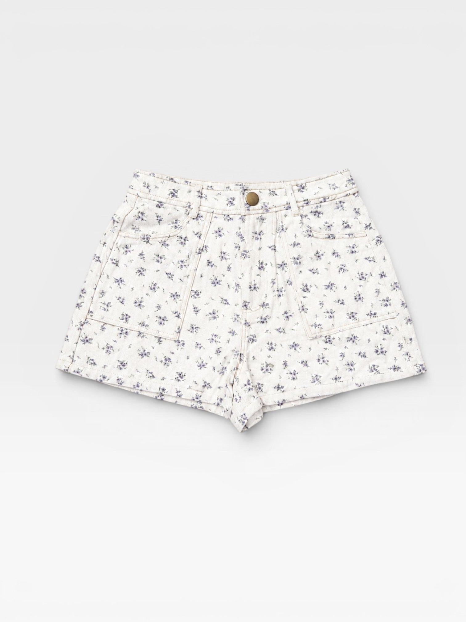 TheConsignmentBar Lulus white shorts featuring a delicate blue floral print, front pockets, and a button closure.