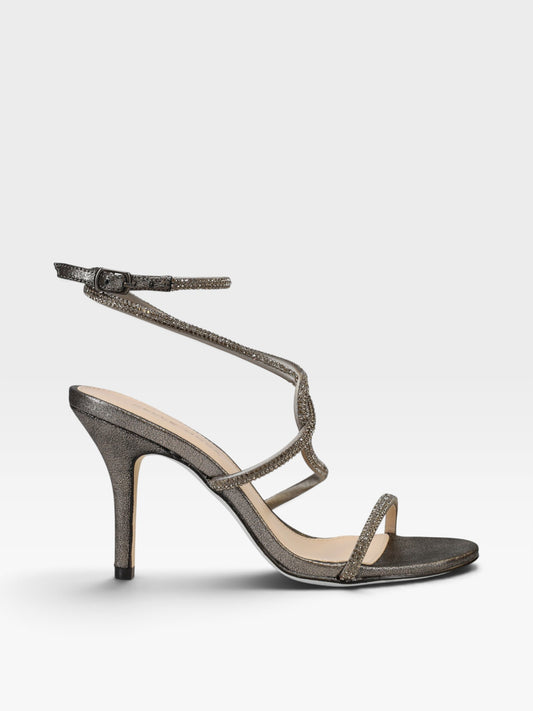 TheConsignmentBar Pelle Moda grey and silver stiletto heel with crystal-embellished strappy design and ankle buckle.