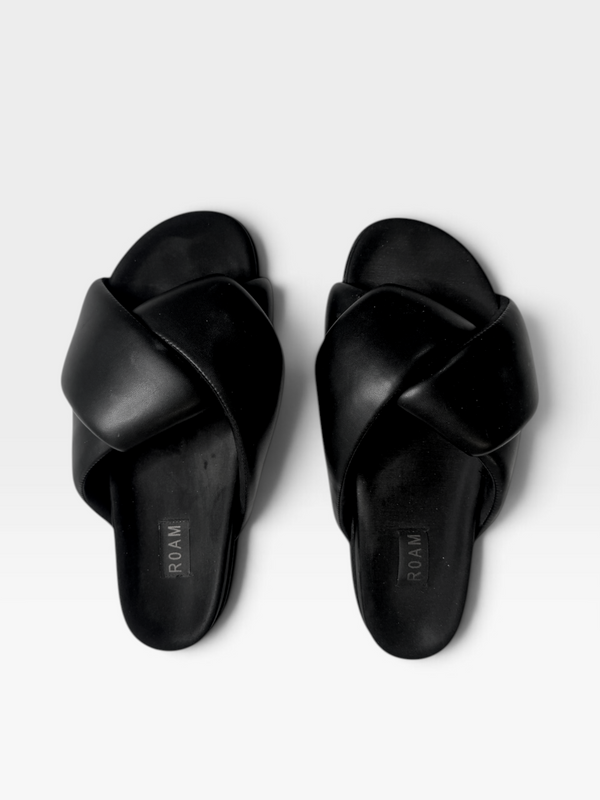TheConsignmentBar ROAM black slide sandals with a padded crisscross strap design, viewed from above.