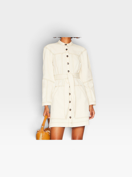 TheConsignmentBar Veronica Beard cream mini dress with brown contrast stitching, button-down front, and waist tie.