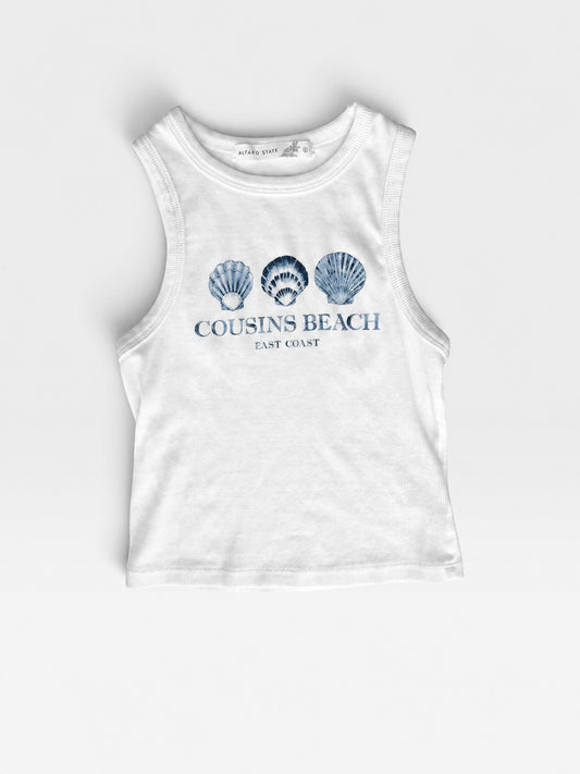 TheConsignmentBar white Altard state tank top featuring a blue Cousins Beach seashell graphic print