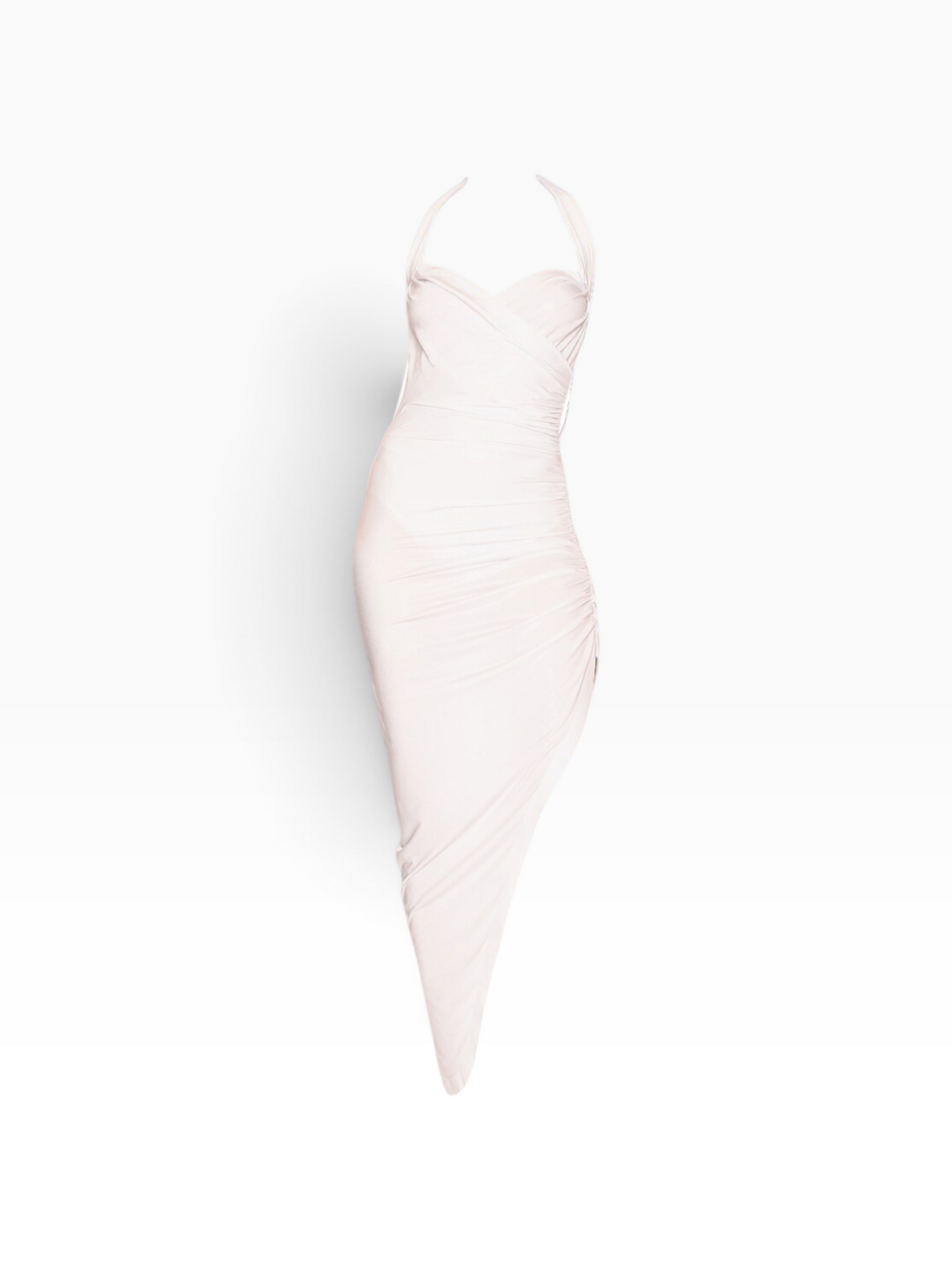 TheConsignmentBar white Norma Kamali midi dress with a sweetheart neckline and elegant ruched detailing.