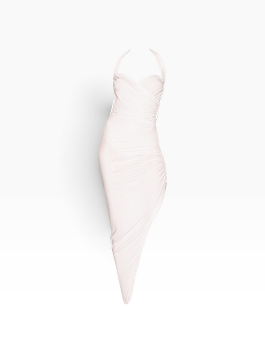 TheConsignmentBar white Norma Kamali midi dress with a sweetheart neckline and elegant ruched detailing.